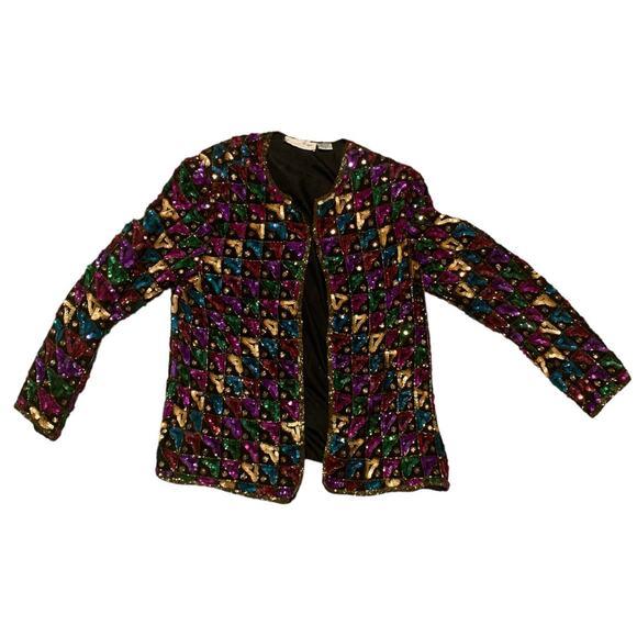 Vintage sequin Laurence Kazar blazer woman’s size medium silk rainbow - Picture 1 of 9